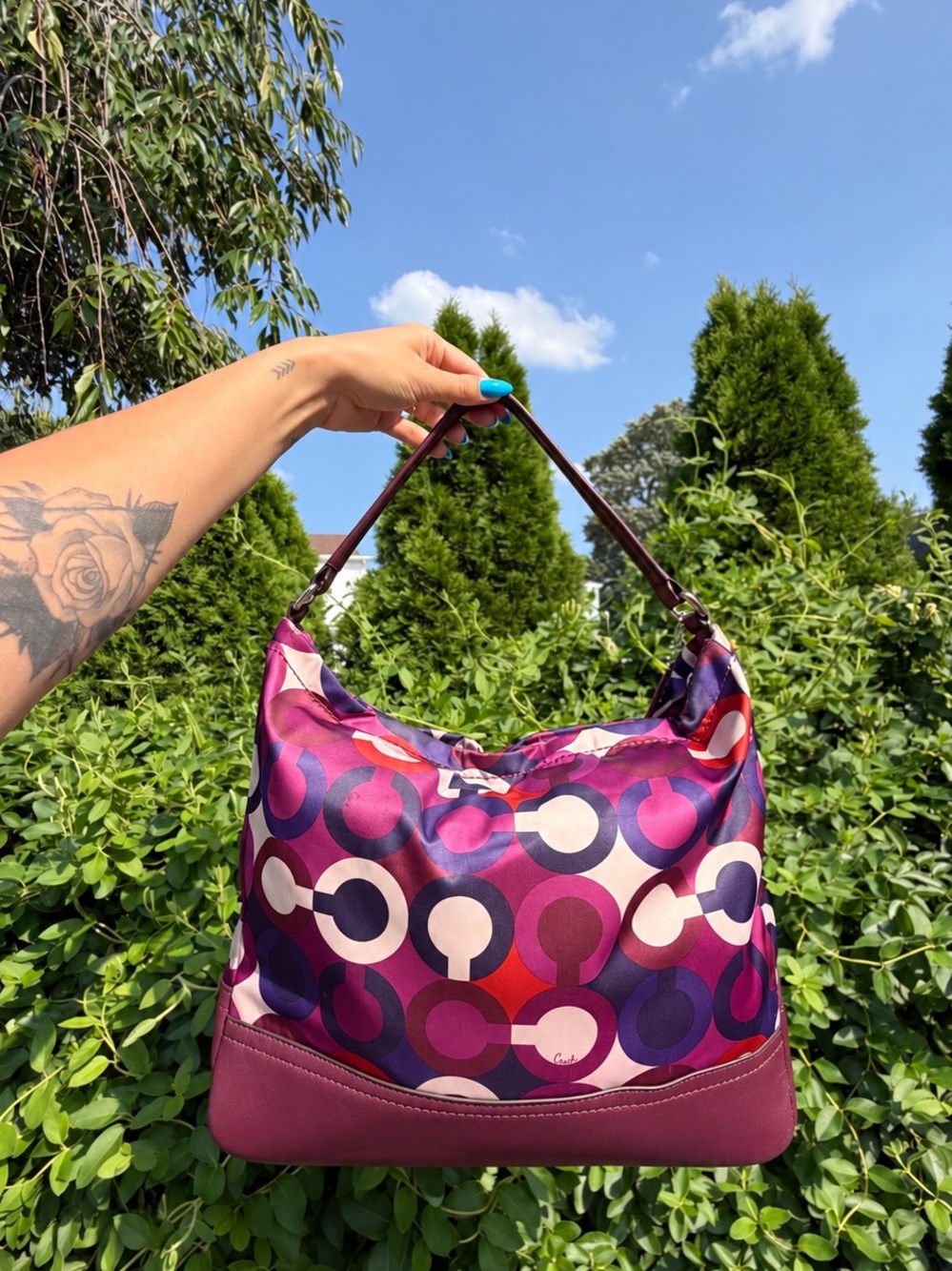 Coach Madison Maggie Op Art Purple Pink Sateen Hobo Shoulder Bag Y2K Purse